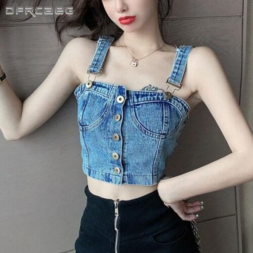 Gray Streetwear Summer Jeans Crop Top Clothes Woman 2021 Vintage Camisole Sexy Sleeveless Denim Tanks Slim Short Corset Femme