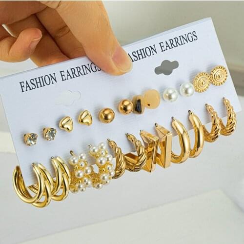 Vintage Geometric Gold Metal Circle Earrings Set For Women Punk Pearl Hoop Dangle Drop Earrings 2021 Trendy Accessories Jewelry