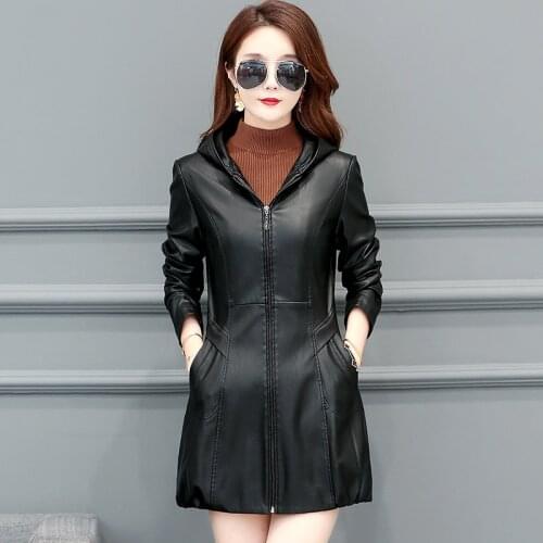 Women Elegant Faux Leather Hooded Jackets Fashion Pu Leather Loose Coat Ladies Soft Faux Sheepskin Windbreaker Female Overcoat