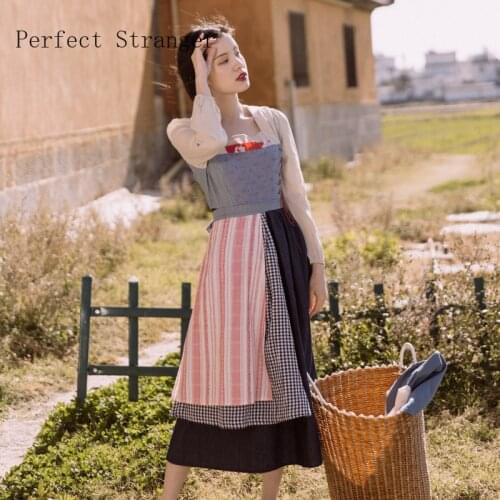 High Quality 2020 Retro Hot Sale French Style Square Collar Color Block Women Long Cotton Dress With Scarf