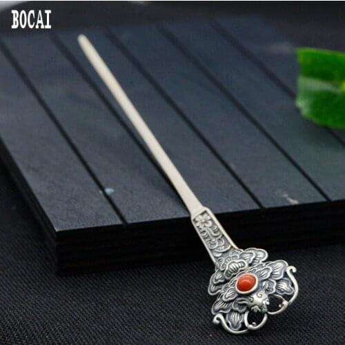 100% real S925 silver retro style ladies inlaid with red natural stone wishful hair