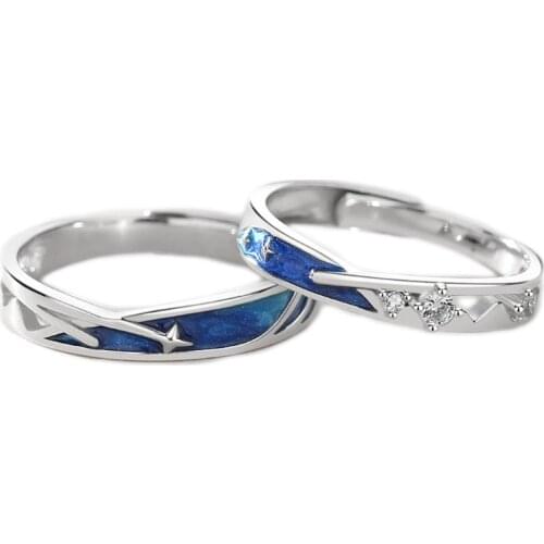 2Pcs Dainty Sea Blue Meteoric Star Lover Couple Rings Matching Set Promise Wedding Moon Star Ring Bands for Him and Her