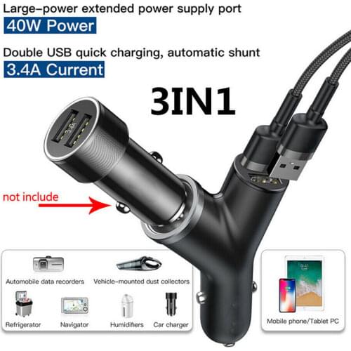 Car Phone Quick Charge 3.4A Dual USB + Cigarette Lighter for Mobile Phone 3 in 1 Car Adapter Accessories
