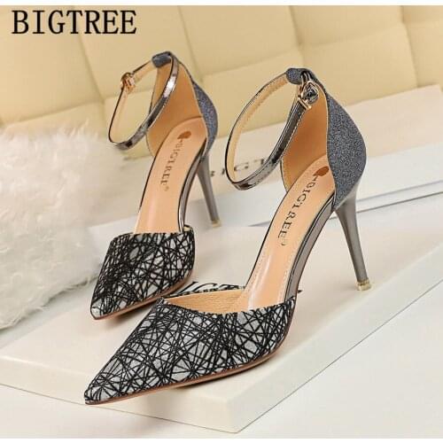 BIGTREE Elegant Sequined Cloth High Heels Stiletto High Heel Shallow Mouth Pointed Hollow Breathable Wedding Shoes