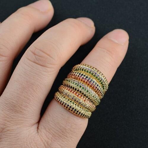 Big Statement Noble Golden Color Rainbow CZ Elegance Lady Open Adjust Ring