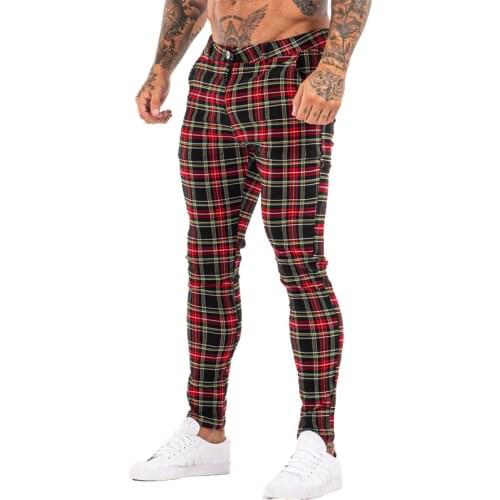 GINGTTO Men Chinos Trousers Skinny Super Stretch Chino Pants Slim Fit Mens Casual Pant Plaid Elastic Waist London Fashion zm3100