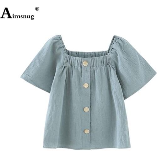Children Single-Breasted T-shirt Kids Girls Ruffled Tees Shirt Boys Square Collar Tshirt 2021 Summer Linen Tops Casual Pullovers