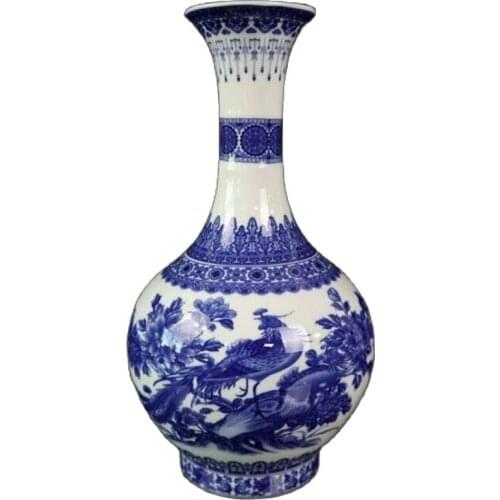 China Old Porcelain Blue And White Flowers And Birds Pattern Long Neck Pattern Vase