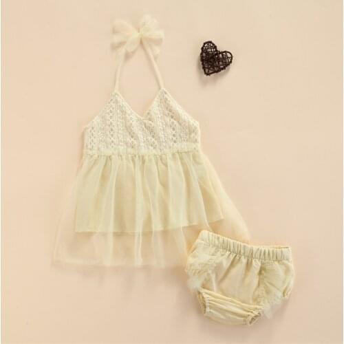 0-24M Lovely Summer Newborn Infant Baby Girls Clothes Sets Lace Flower Halter Sleeveless Tulle Tops Dress+Tutu Shorts Sunsuits