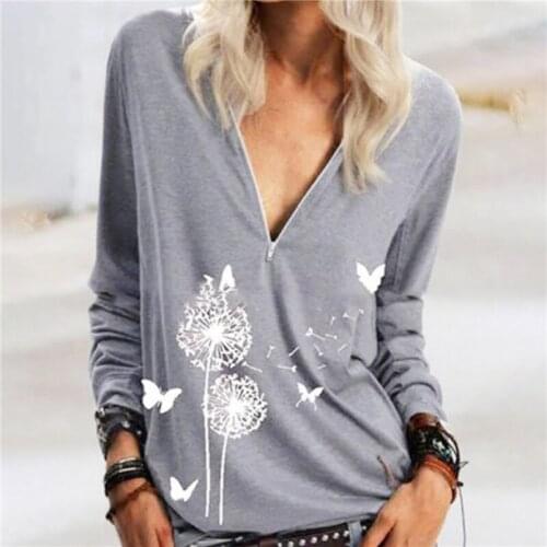 Creative Print Spring Ladies T Shirt Casual V Neck Long Sleeve T Shirts Zipper Print Pullover Autumn Female Loose Tops