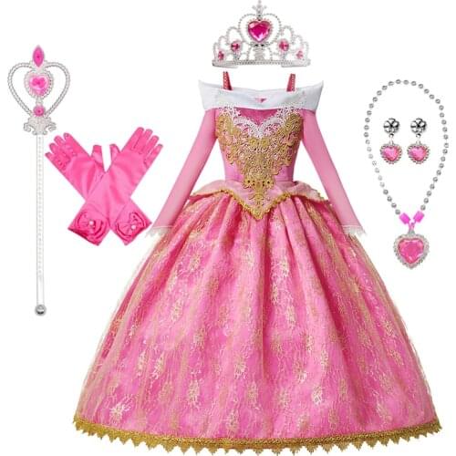 Summer Sleeping Beauty Aurora Girls Dress Set Christmas Children Cosplay Costume Kids Birthday Party Show Robe Princess Dress