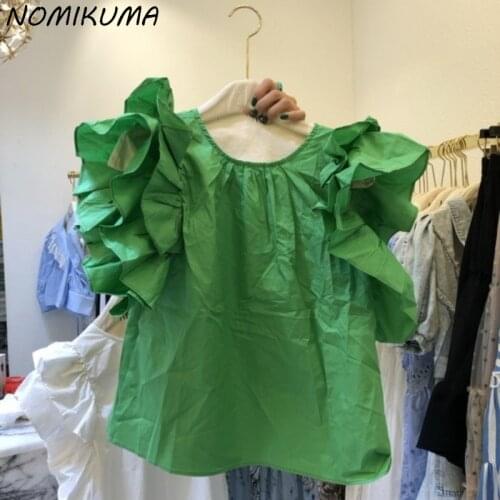 Nomikuma New Sweet Elegant O-neck Blouse Ruffle Short Sleeve Woman Doll Shirt 2021 Summer Korean Chic Solid Blusas Femme 6K125