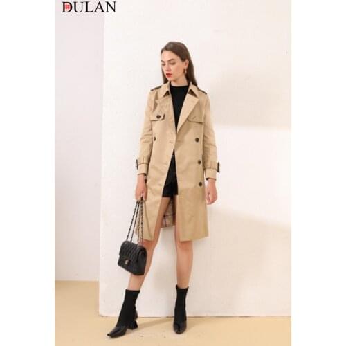 2021 Spring and Autumn New British Windbreaker Womens Large Khaki Double Breasted Long Coat Slim Tie Over the Knee