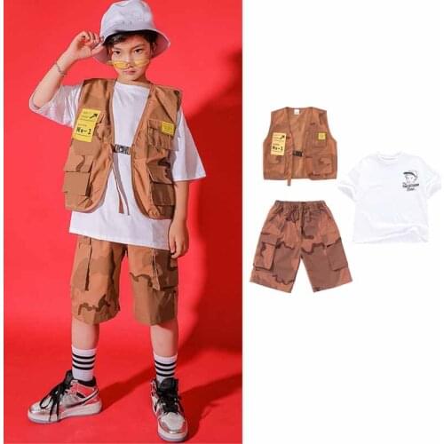 Childrens Day Clothing Short Sleeve Top Shorts Camouflage Jazz Dance Wear Boys Girls Hip Hop Dance Performance Show Wear XS1398