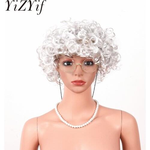 Old Woman Hair Dress Up Show Wig ,Wig Hat,Madea Granny Glasses,Chain, Necklace Halloween Cosplay Party Costume Witch Grandmother