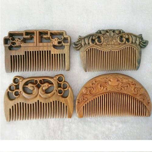 1 PC Handmade green sandalwood Anti-alopecia wood comb Natural Head Massage hair brush hair care flower style free shipping