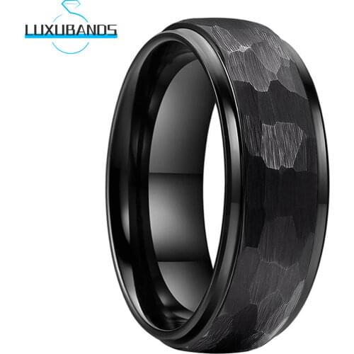 Tungsten Wedding Ring 8MM Black Stepped Edges Multifaceted Hammered For Men Wemen Comfort Fit