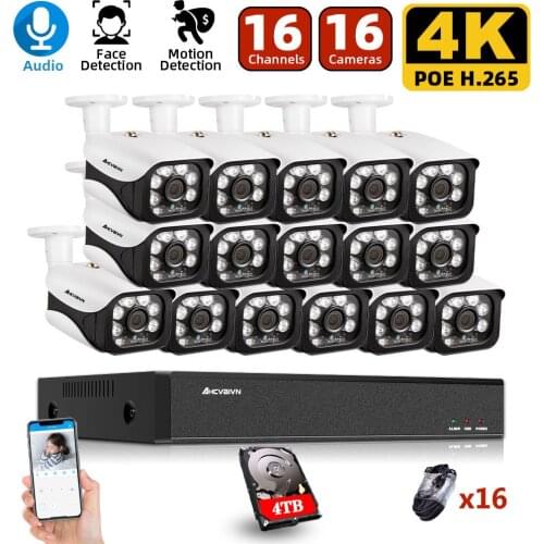 AHCVBIVN H.265 16CH 8MP AI Face 4K POE NVR Kit 48V 8MP security Vandalproof Audio POE Camera System Video Surveillance Kit 4TB