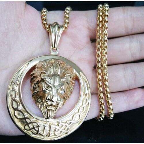 Heavy Lion Head Pendant Mens Necklace Gold Color Stainless Steel Jewelry Accessories Goth Steampunk Style Hip Hop Boys Gifts