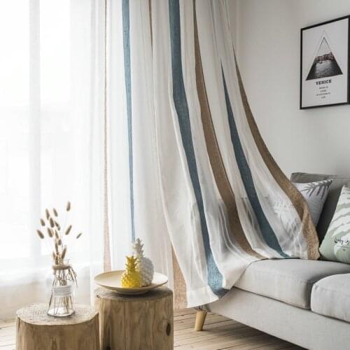 White Blue Striped Chenille Tulle Curtains for Living Room,Sheers Curtain Drapes for Bedroom,Window Blind Voile Custom Size