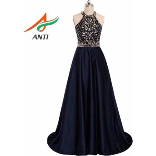 ANTI Vintage Dark Blue Evening Dress 2018 Elegant Beading Formal Gowns Celebrity Dress A-Line Wedding Party Abide HQY043