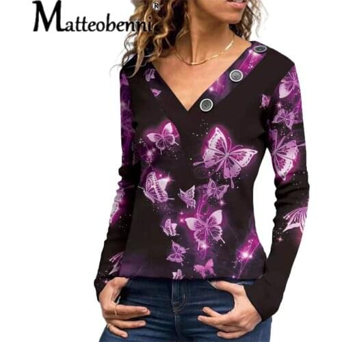 2021 Autumn Women V Neck Button Print Slim T Shirt Butterfly Printed Slim Tees Tops Ladies Casual Fashion Street Pullover Blouse