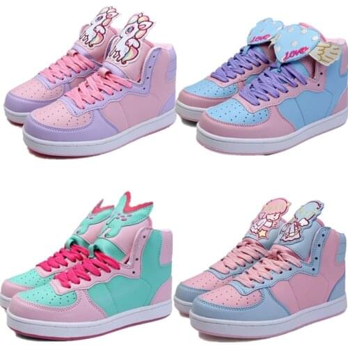Kawaii flat heel Girls Shoes Lolita Cute angel/dinosaur/pony/Love Anime cosplay woman Shoes Color Matching Loli kawaii Pink shoe