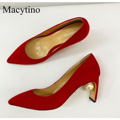 Pearl heel decoration womens high-heeled shoes pointed toe thick-heeled high-heeled shoes fashion party high-heeled shoes