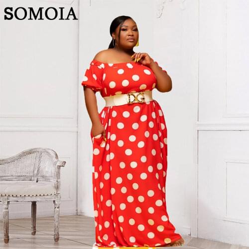 Elegant Plus Size Dresses for Women Sexy Slash Neck Temperament Maxi Dress Dot Print Loose Short Sleeve Dress Summer Streetwear