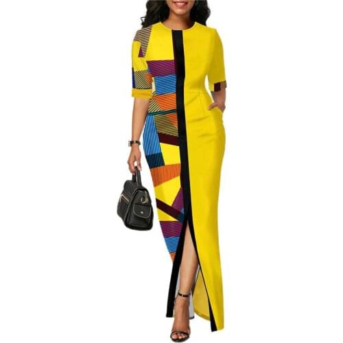 Ladies Fashion Half Sleeve Dress Women Elegant Round Collar Geometric Printing Splicing Temperament Maxi Dress For Ball Party