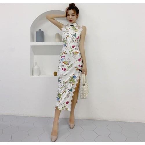 2020 Elegent Oriental Style Dresses Women Chinese Traditional Cheongsam Modern China Deep V-neck Split Sexy Qipao Dress Costume