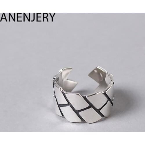 ANENJERY 925 Sterling Silver Vintage Ring Novelty Geometric Width Thai Silver Adjustable Rings For Women Men S-R410