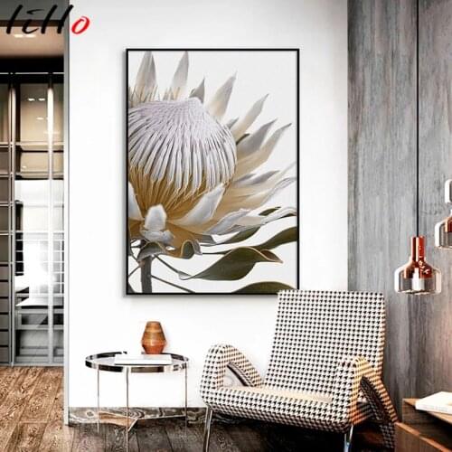 White Protea Flower with Green Leaves Modern Nordic Poster Painting Print on Canvas Wall Art Pictures Hotel Living Room Decorati