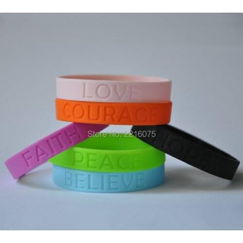 300pcs Inspirational LOVE COURAGE FAITH PEACE BELIEVE HOPE wristband silicone bracelets free shipping by DHL express
