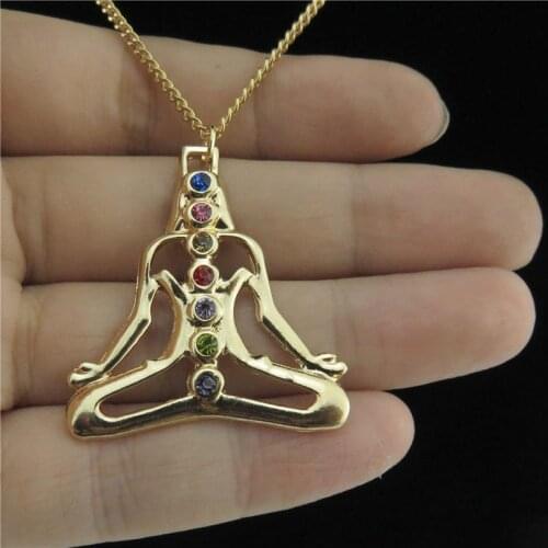 GLOWCAT Q21A56 LC Light Gold Alloy Women Colorful Rhinestone Chakra Buddha Yoga Pendant Collar Choker Necklace 18"