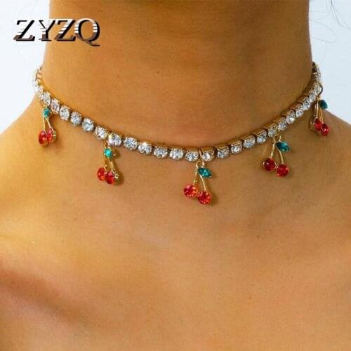 ZYZQ Sweet Cherry Pendant Necklace Fruit Gold Color Single Row Crystal Clavicle Chain Fashion Ladies Birthday Party Jewelry