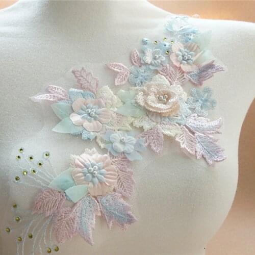 New 3D Colorful Flowers Patches For Clothes Pearl Beaded Embroidery Lace Fabric Applique for Wedding Dress Floral Costume Patch