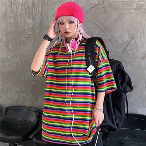 Summer short sleeve t-shirts female casual oversized harajuku Striped patchwork t-shirt fashion hip hop streetwear women y2k top