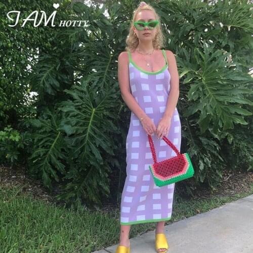 IAMHOTTY Purple Plaid Printed Knit Patchwork Beach Vacation Long Dress Women Summer Sexy Backless Prom Sundress Vintage Outfits
