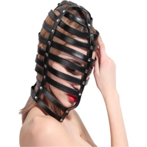 PU Leather mask Harness Head Mask Gothic Strappy Studded Full Hood Mask Slave Bondage Restraint Night Clubwear