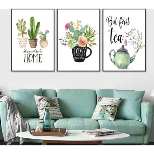 Kitchen Warm Green Plant Cactus Green Reed Leaves Black Text Letters Canvas Painting Wall Pictures Poster Living Room Decoration