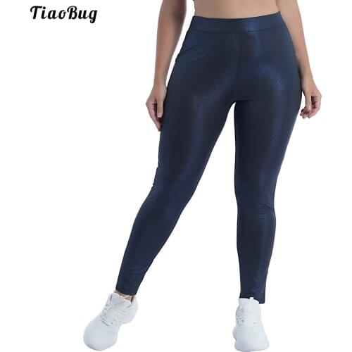 TiaoBug Women Plus Size Pure Color Yoga Sport Fitness High Waist Elastic Leggings Shiny Metallic Glittering Fabric Stretchy Pant