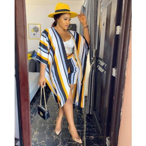 Summer Two Piece Set Women Fashion Casual Striped Cardigan Shorts Suit Beach Clothing Loose Striped Two Piece Set Women