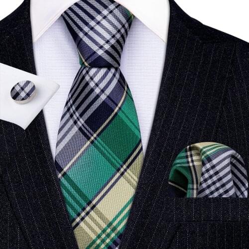 Fashion Green Black Plaid 100% Silk Tie Gifts For Men Gifts Suit Wedding Tie Barry.Wang NeckTies Hanky Sets Business LN-5342