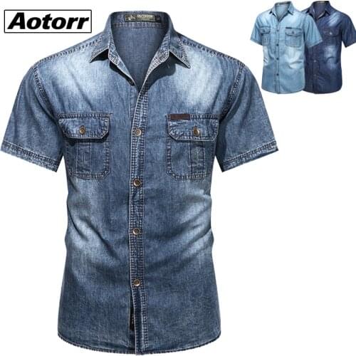2021 Summer Men Denim Shirts Mens Short Sleeve Soft Cotton Slight Elastic Jeans Top Male Cowboy Shirt Vintage Clothing XXXL