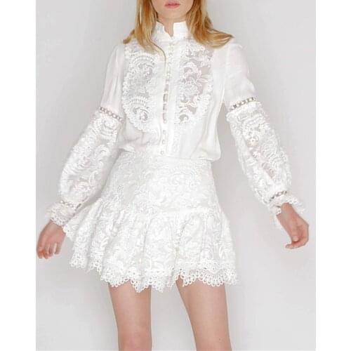 Spring New Item Hollow Lace White Embroidery Elegant Women Lantern Sleeve Tops and Mini Skirts Sweet Slim Clothing Sets 2 Piece