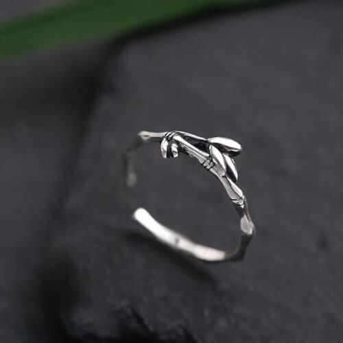 New Bamboo Chinese Style Ring Female Opening Adjustable Index Finger Ring Antique Silver Ring Retro Ethnic Style