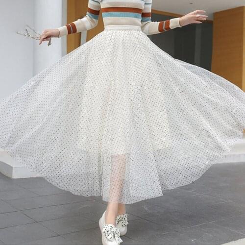 OHRYIYIE Autumn Winter Pink Polka Dot Tulle Skirt Women Elastic High Waist Pleated Skirts Female All-Match Party Long Maxi Skirt