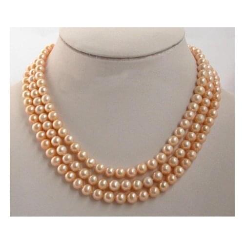 Stunning Real Pearl Jewellery, 3 Rows AA 7-8MM Pink Color Perfect Round Freshwater Pearls Necklace,New Free Shipping
