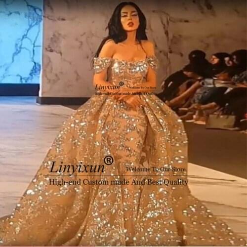 Saudi Arabic Gold Sparkle Lace Mermaid Prom Dresses Detachable Train Luxury Dubai Evening Gowns Off The Shoulder Abendkleider
